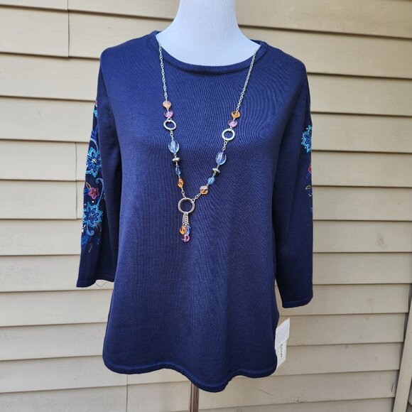 Alfred Dunner Petite Dark Blue Sweater NWT Attached Necklace Embroidered Floral - Picture 3 of 16